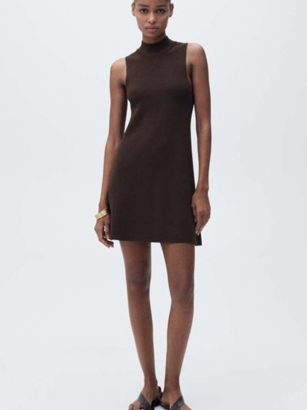 NWOT Mango Sleeveless Perkins Neck Knitted A-Line Dress in Dark Brown